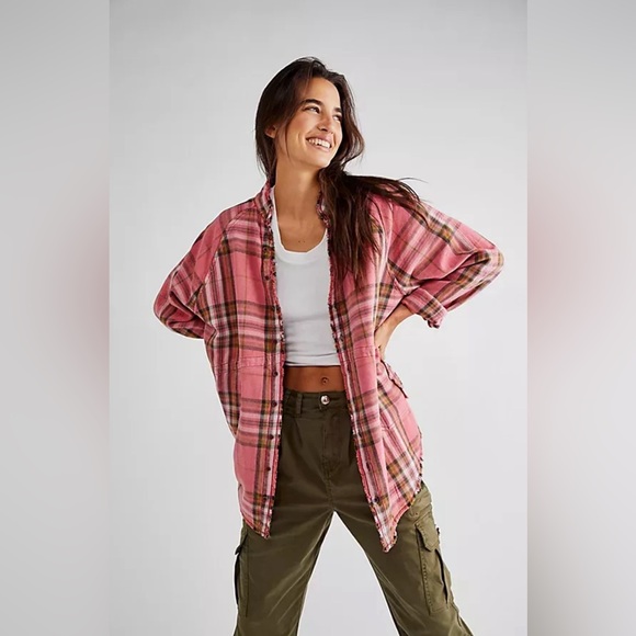We The Free Tops - Free People We The Free Summer Daydream Plaid Buttondown Sz L Pink
